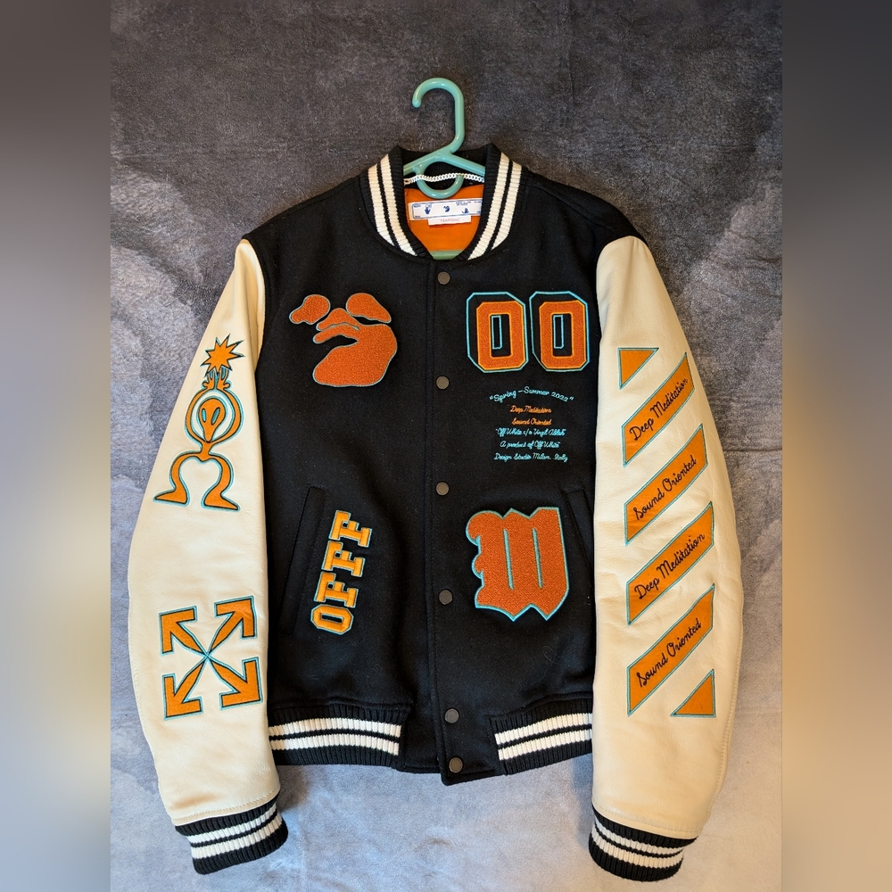 W/tags Deep Meditation off-white varsity jacket